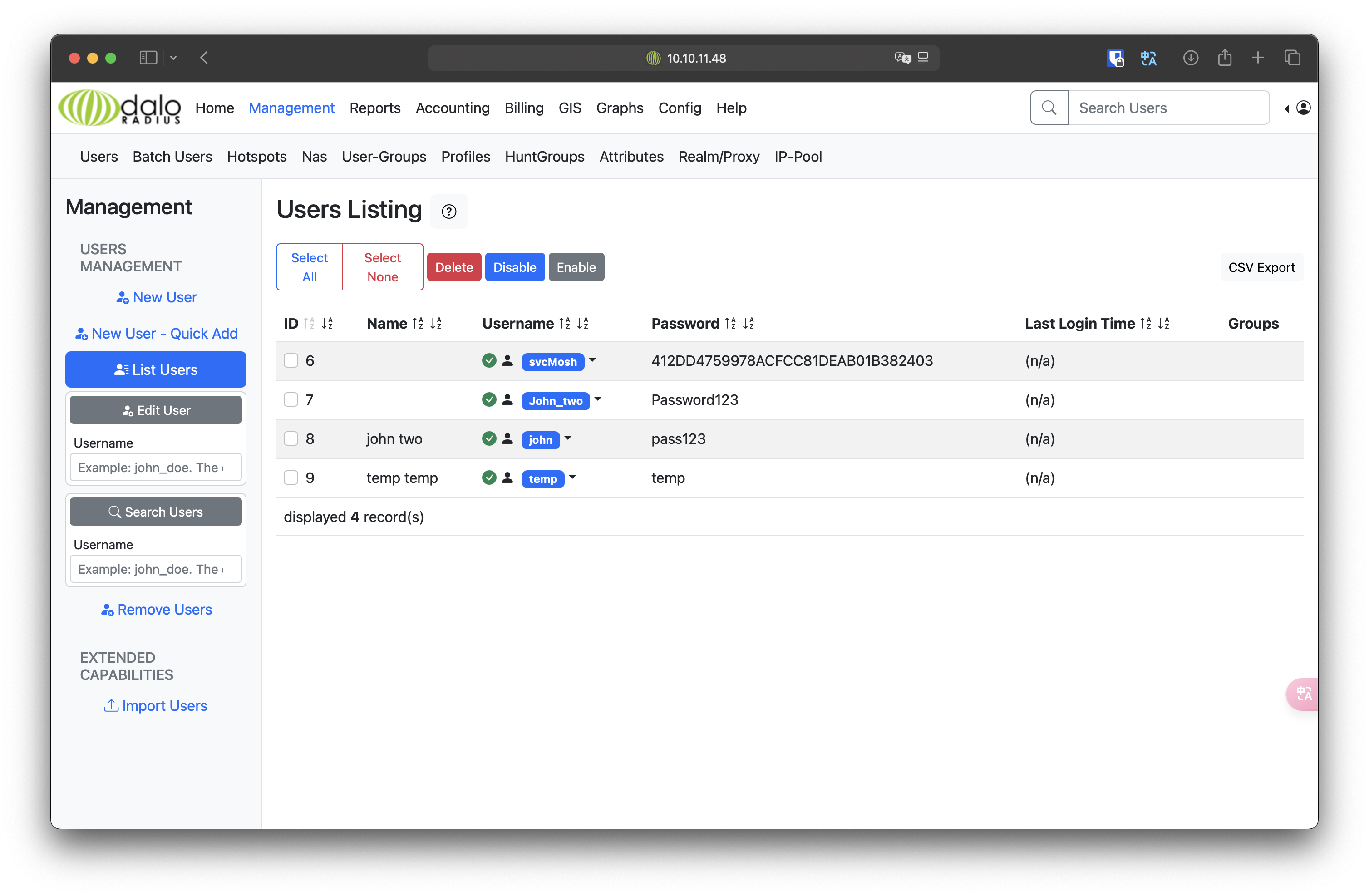 daloradius users page